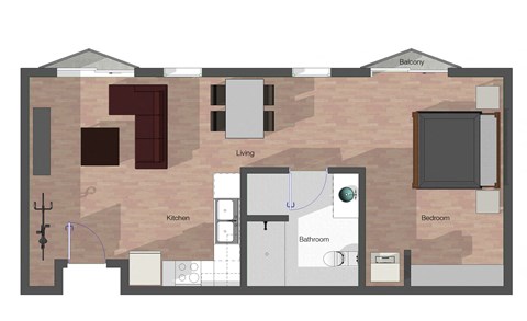 Floor plan for 1 bed, 1 bath, 648 sqft